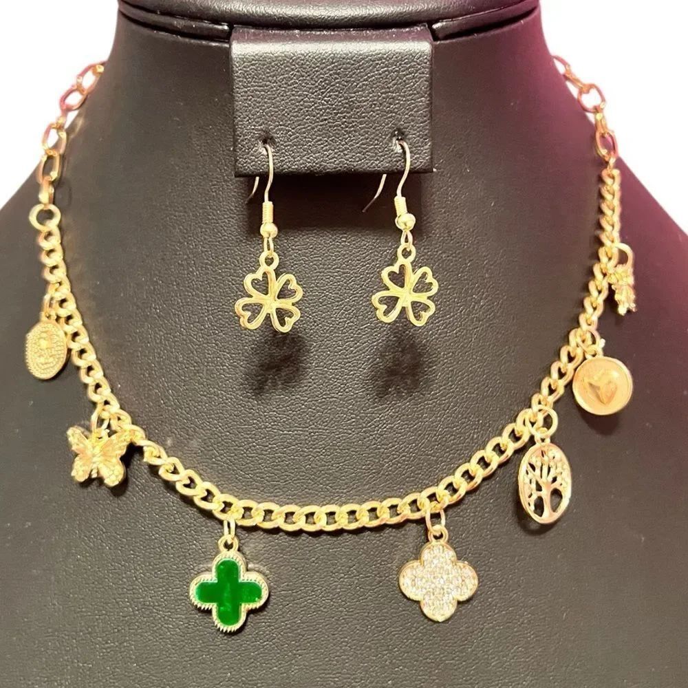 Gold Green And Crystal Clover Butterfly Heart Charm Necklace and Earring Set